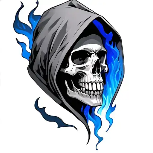 Skull Wearing Hood With Blue Flames Inside Hood Tattoo idea