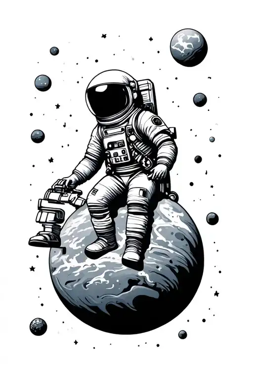 Galaxy With Huge Astronaut Sitting On Top Of Planet
