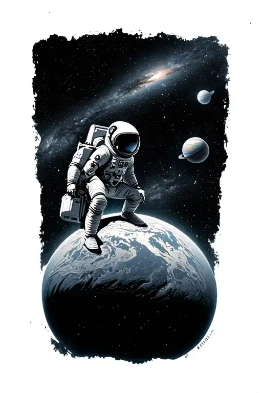 Galaxy With Planets And A Huge Astronaut Sitting On Top Of Planet