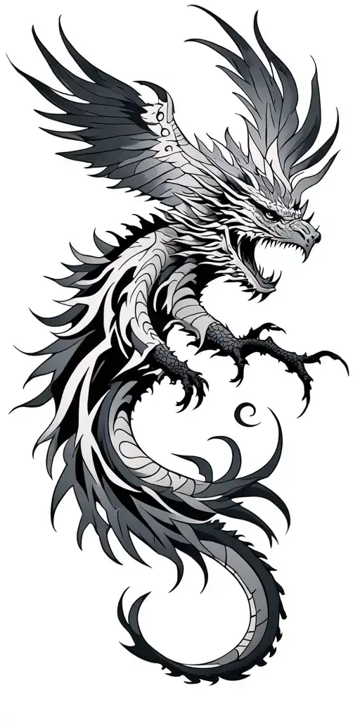 Long Sleeve Tribal Tattoo With A Dragon Mixed Up With A Phoenix