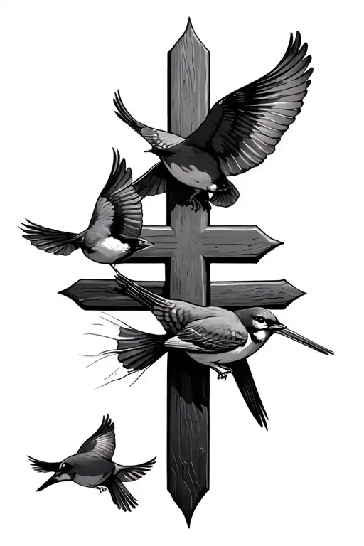 Cross By Itself With Sparrows Flying
