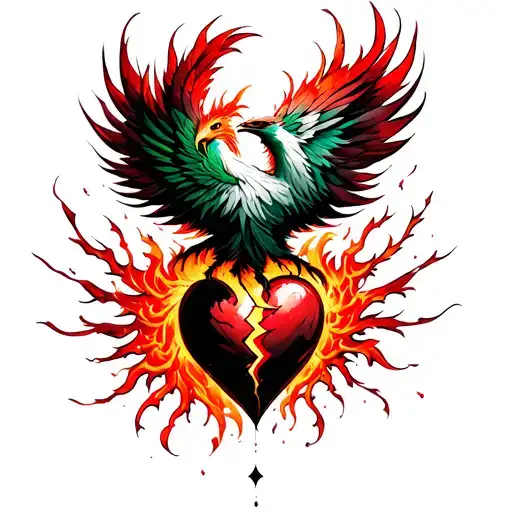 A Radiant Fiery Phoenix With Intricate Scarlet And Emerald Feathers Erupting From A Broken Heart