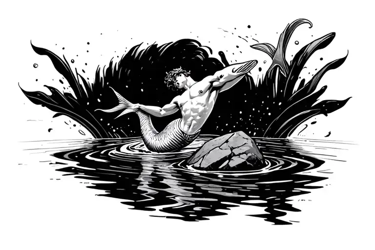 Merman In A Lagoon Splashing To A Pop Tune On A Boulder