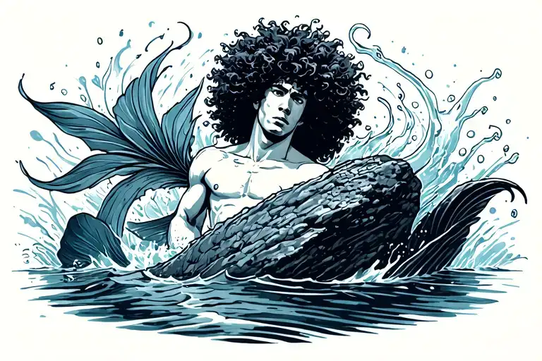 Merman With Afro In A Lagoon Splashing To A Pop Tune On A Boulder