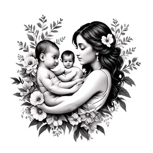 Outline Of The Arms Torso And Head Of A Mother Holding A Baby Surrounded By Carnations