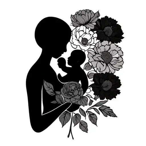 Stick Figure Outline Of The Arms Torso And Head Of A Mother Holding A Baby Surrounded By Carnations