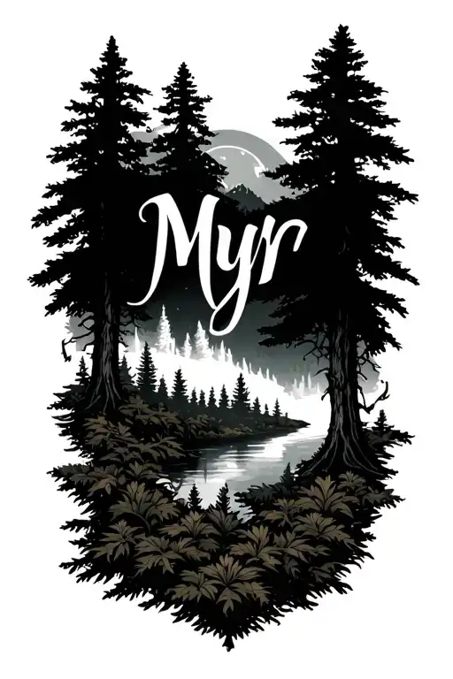 Myr Text And Forest Landscape Tattoo Featuring