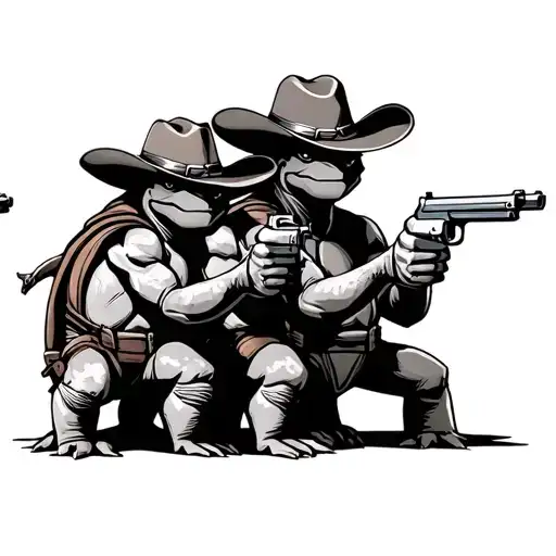 Three Turtles Pointing Guns To Each Other With Cowboy Hats On