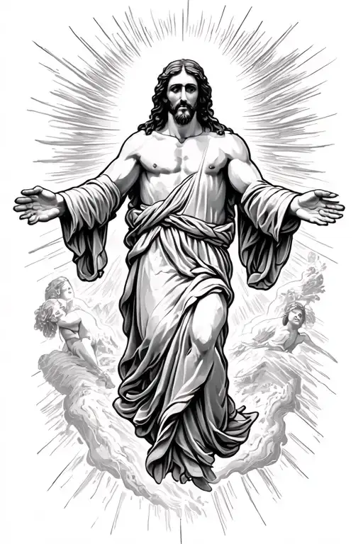 Gods Open Arms As Jesus Is Floating Down To Earth