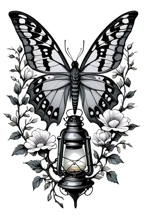 Lunar Moth With Vines And Flowers Intertwined With An Old Lantern