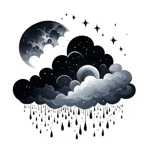 Cloud With Moon And Minimalist Rain
