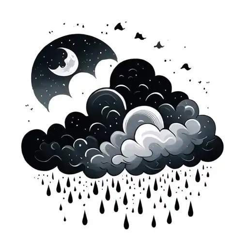 Cloud With Moon And Minimalist Rain