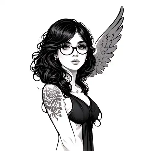 Traditional Style Curvy Dark Hair Girl With 1 Wing And Wearing Glasses
