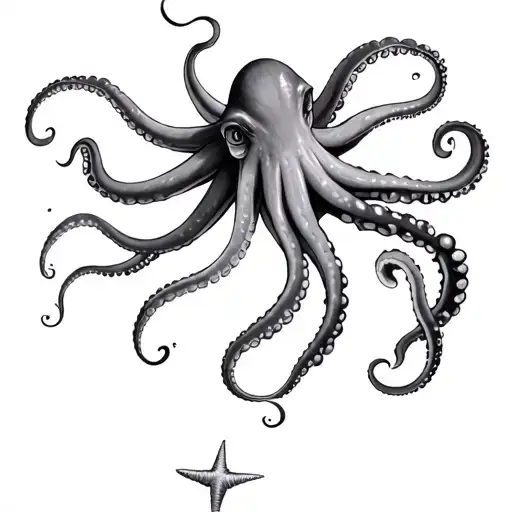 Octopus With Its All Tentacles On The Right Hand Side Reaching A Star Fish