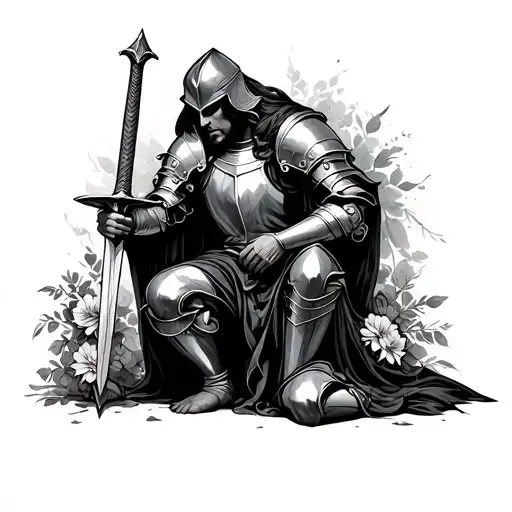 Knight In Shining Armor Holding Sword And Flowers Down On One Knee