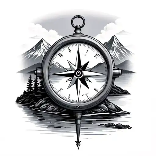 A Compass In Front Of A River And Mountains