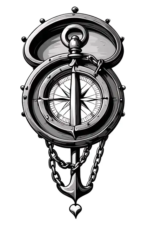 An Anchor With Chain Lodged In A Compass