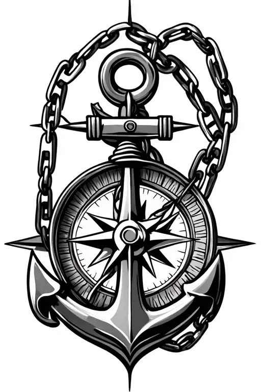 An Anchor With Chain Wrapping Around The Arm And The Anchor Has One Hook Lodged In A Compass