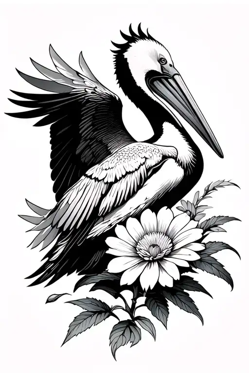 Pelican Flying Away And Aster Flower Blooming Japanese Style