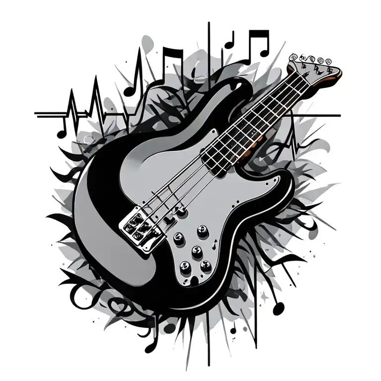 Bass Guitar With Heartbeat And Music Notes Intertwined