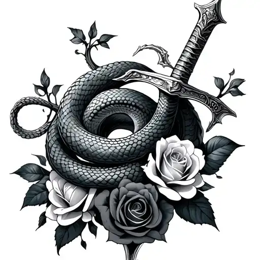 Serpent And Sword Wrapping With Roses