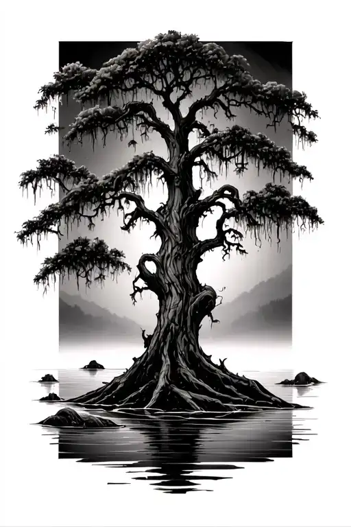 Cypress Tree With Spanish Moss In Water Darken Everything