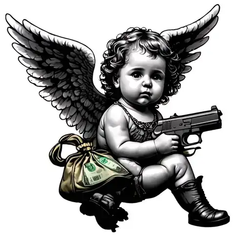 Angel Baby With Money Bag And A Gun