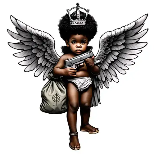 Angel Baby With Money Bag And A Gun With An Afro Like The Crown