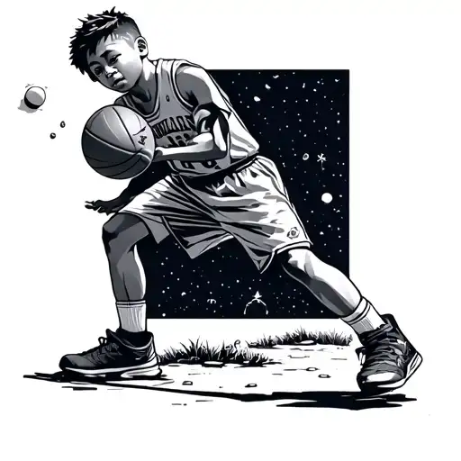 Boy Playing Basketball Alone In The Night Sky