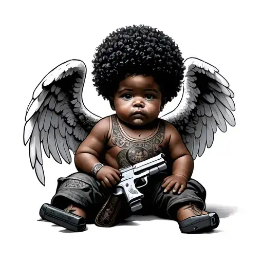 Angel Baby With Money Bag And A Gun With An Afro