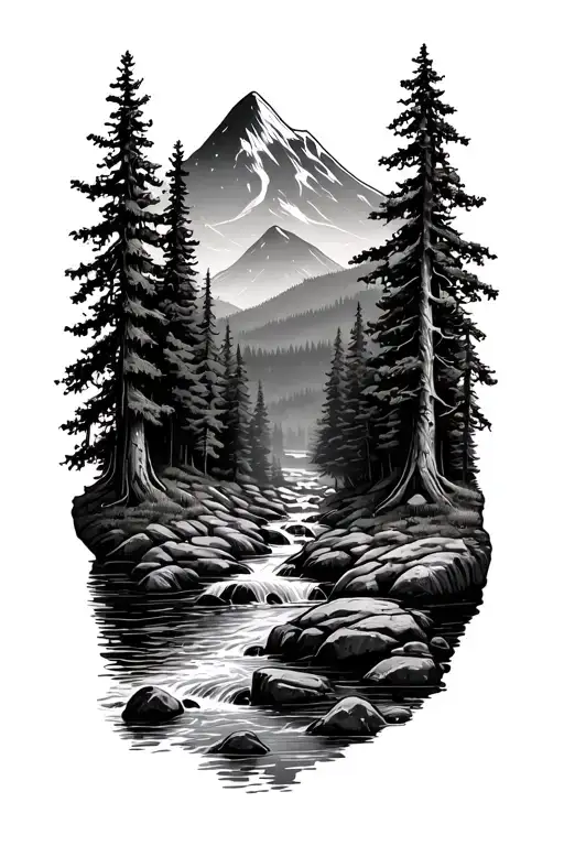Forest With River Flowing And Mountain In Background