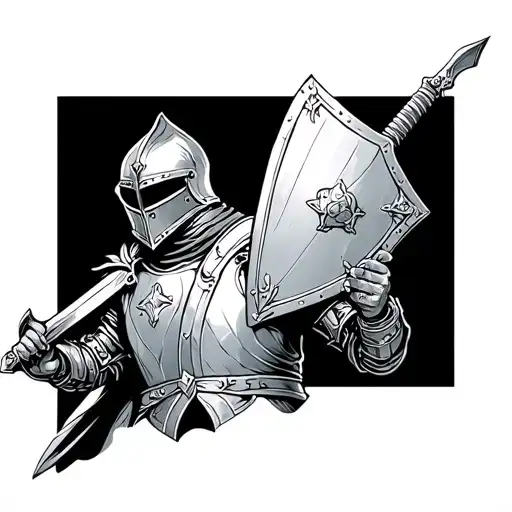 Medieval Knight In Worn Armor Holding A Sword And Shield