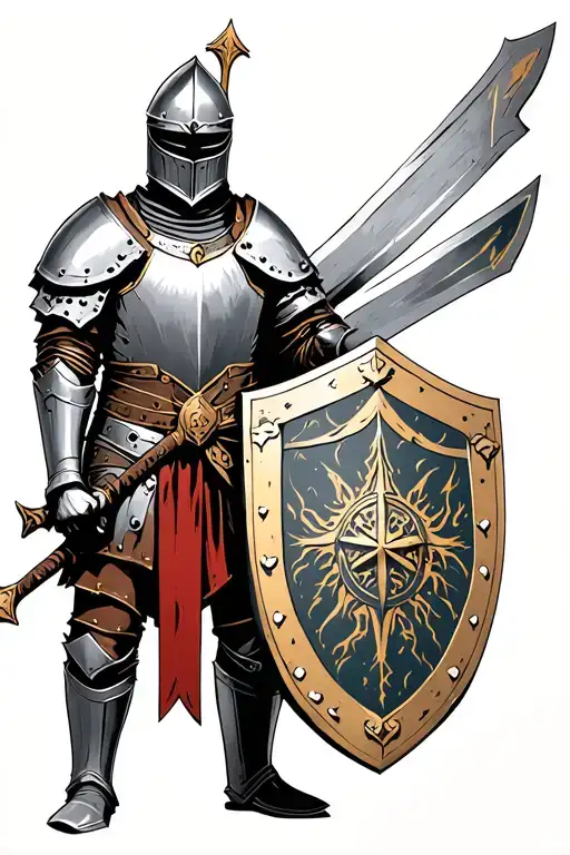Medieval Knight In Worn Armor Holding A Sword And Shield