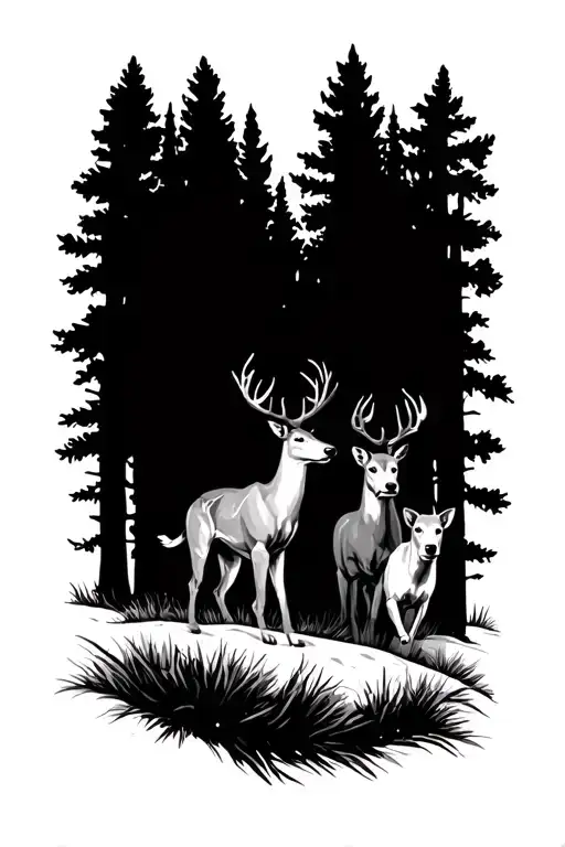 Dogs Running Deer With Trees Surrounding Them