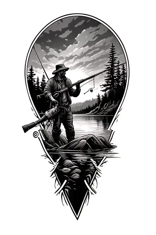 Hunting And Fishing Scene With Music Themed