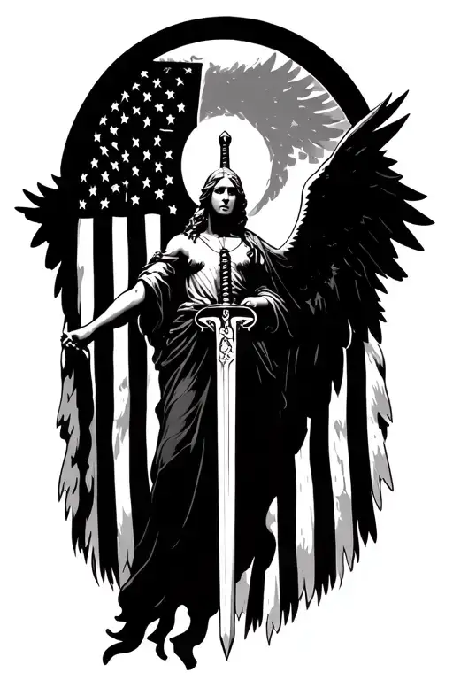 American Flag And Arch Angel With Sword