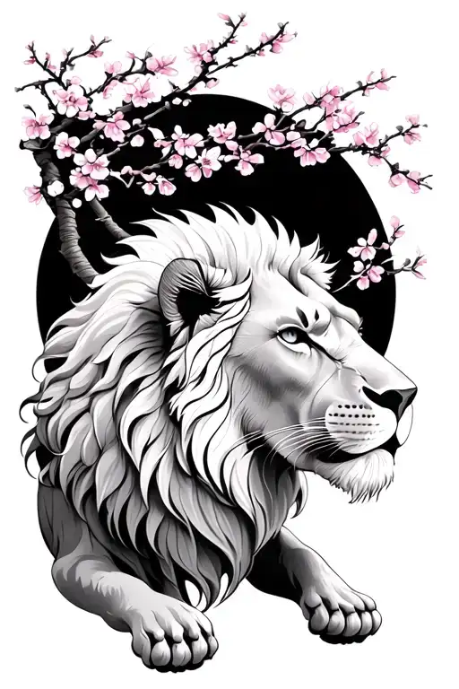 White Lion With Cherry Blossom Tree