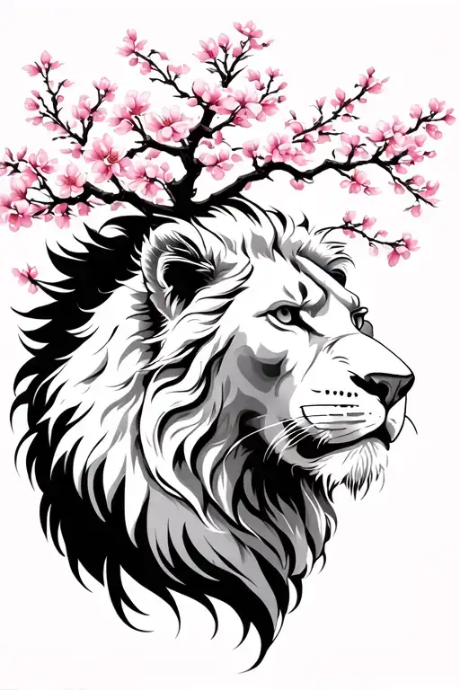 White Lion With Cherry Blossom Tree
