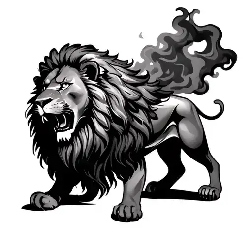 Lion With Mane Thats Mase Of Smoke With His Mouth Slightly Open