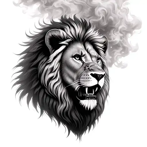 Lion With Mane Thats Mase Of Smoke With His Mouth Slightly Open Realism