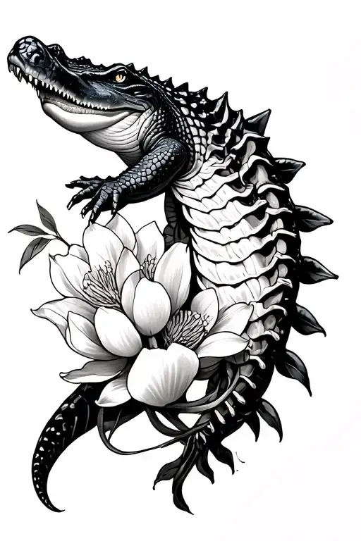 Alligator On Spine Tattoo With Magnolia
