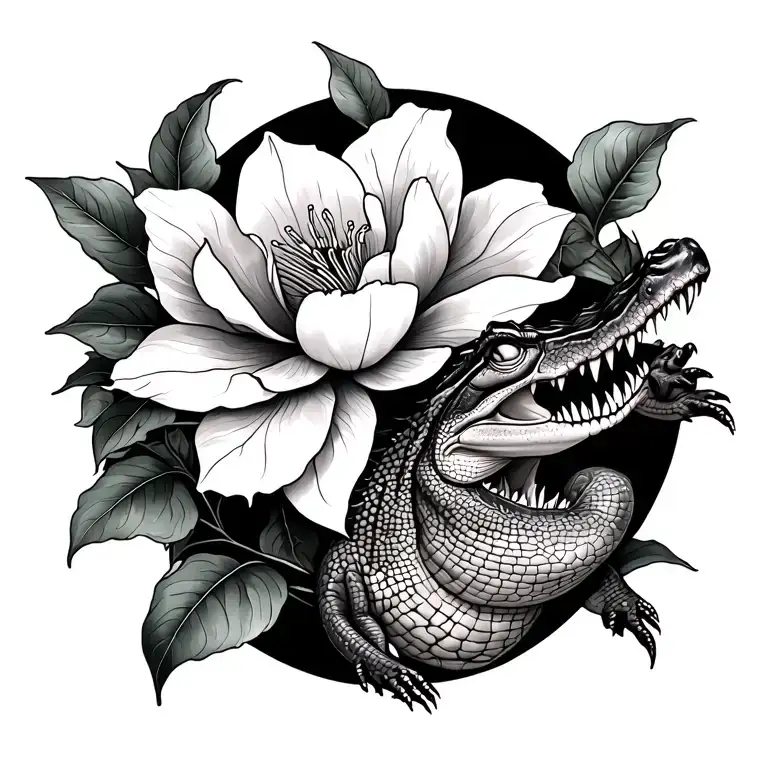 Alligator On Spine Tattoo With Magnolia Flower