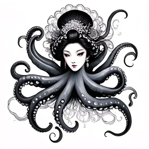 Geisha And Octopus Wrapping Its Tentacles