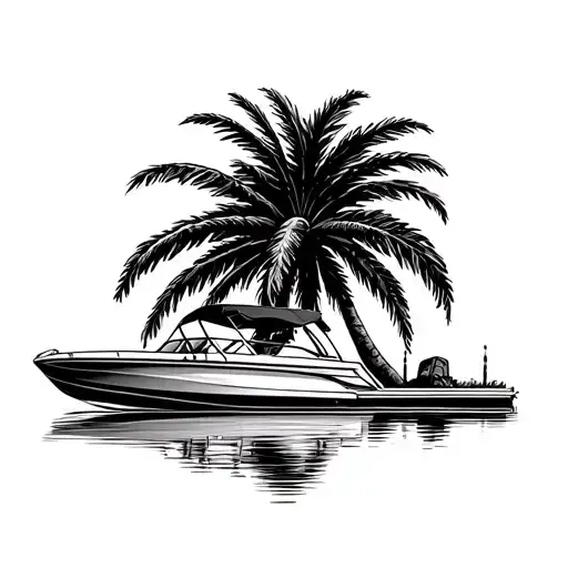 Queen Palm Tree Next To Lake With Pontoon Boat