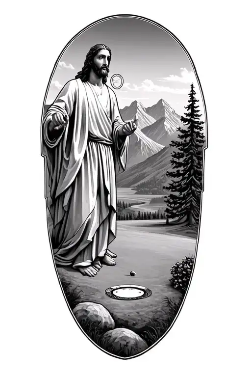 Jesus In A Panoramic Mountain View With Gambling And Golf Being Shown