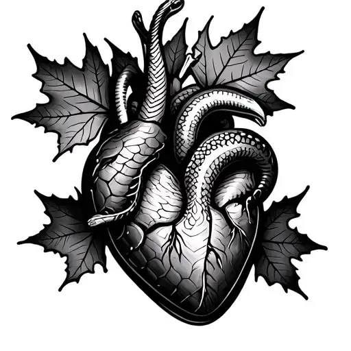 Snake Heart With Maple Leaf Tattoo Design
