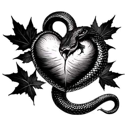 Snake Heart Outline With Maple Leaf Tattoo Design