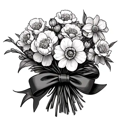 Bouquet Of Carnations And Daffodils Wrapped With Ribbon