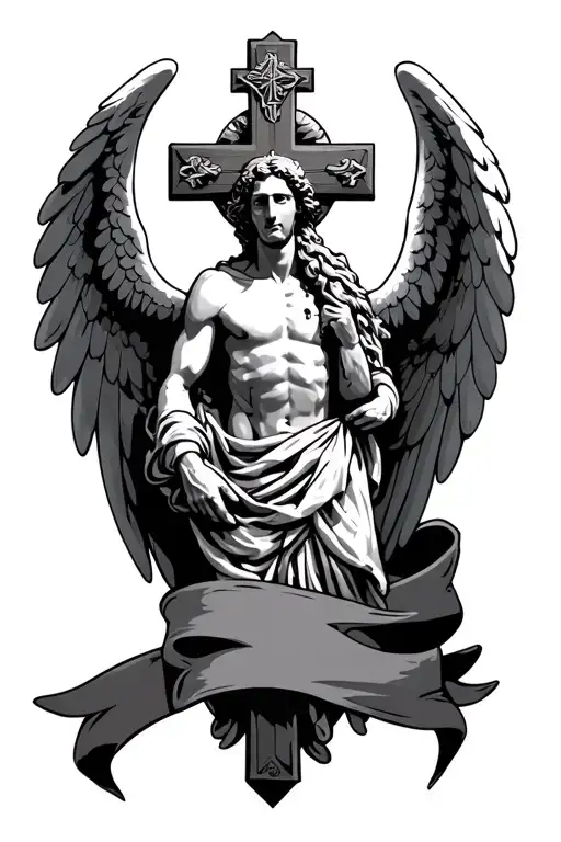 Raphael Archangel With Large Ornate Crucifix Wrapped In A Banner