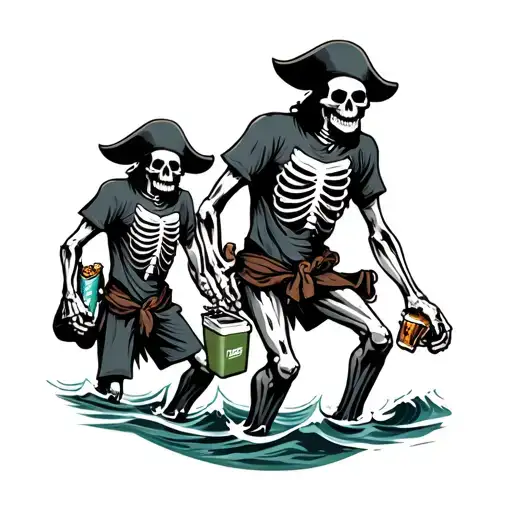 Skeleton Pirates Walking Out Of The Ocean Holding A Beers And A Cooler With Ripped T Shirts